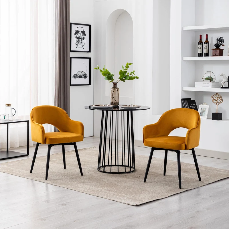 Ya-Home Lot de 2 Chaise de Salle à Manger en Velours Chaise de Cuisine Pivotante avec Accoudoirs Fauteuil à Manger pour Cuisine/Salle de Séjour, Jaune