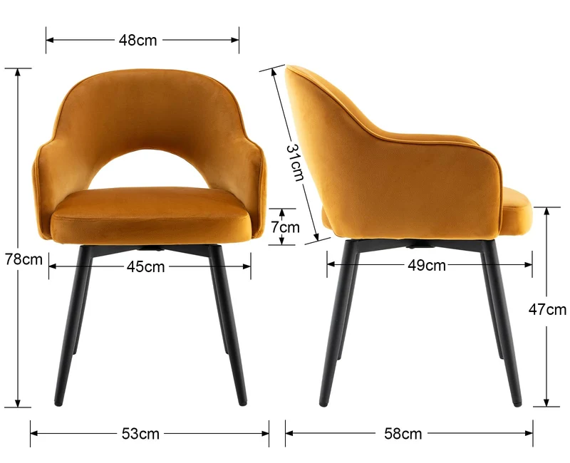 Ya-Home Lot de 2 Chaise de Salle à Manger en Velours Chaise de Cuisine Pivotante avec Accoudoirs Fauteuil à Manger pour Cuisine/Salle de Séjour, Jaune