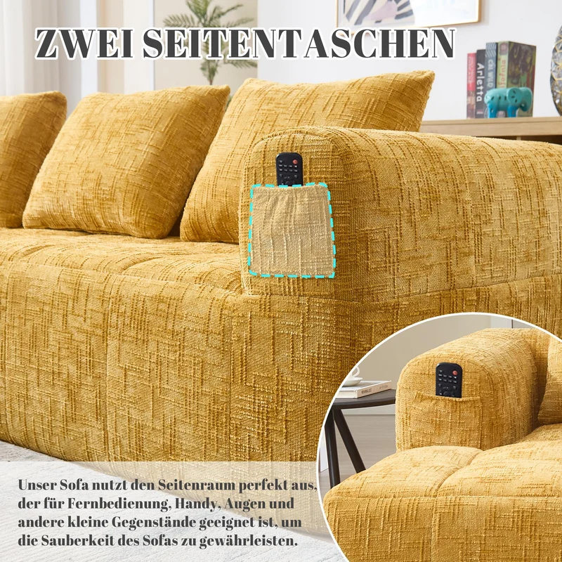 Zepneiy Canapé 3 Places en Forme de U, Fauteuil rembourré avec Méridienne, Canapé 3 Places Canapé Moderne Design accoudoirs et 3 Coussins, Chenille Jaune