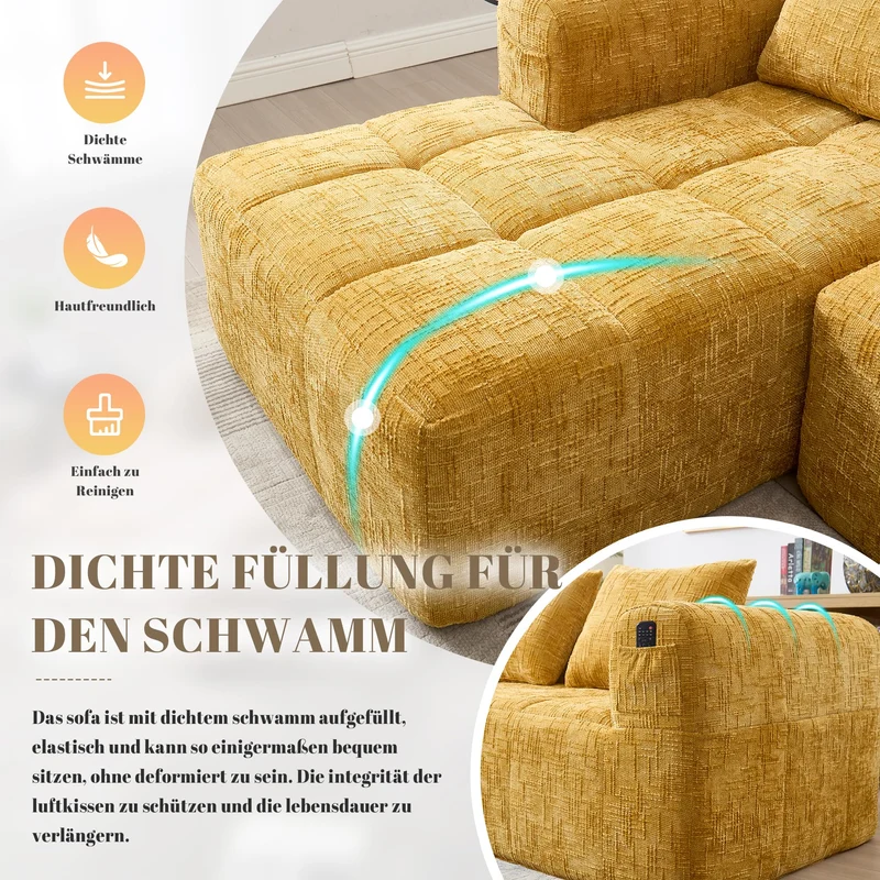 Zepneiy Canapé 3 Places en Forme de U, Fauteuil rembourré avec Méridienne, Canapé 3 Places Canapé Moderne Design accoudoirs et 3 Coussins, Chenille Jaune