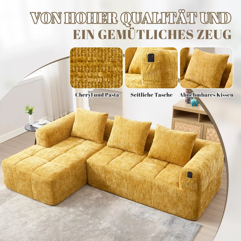 Zepneiy Canapé 3 Places en Forme de U, Fauteuil rembourré avec Méridienne, Canapé 3 Places Canapé Moderne Design accoudoirs et 3 Coussins, Chenille Jaune