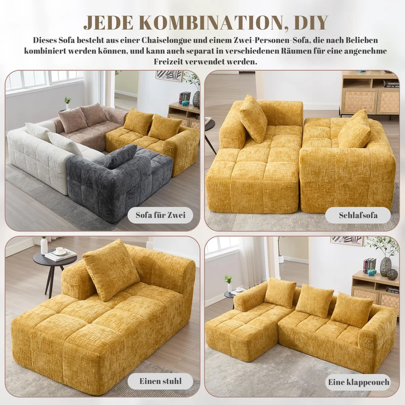 Zepneiy Canapé 3 Places en Forme de U, Fauteuil rembourré avec Méridienne, Canapé 3 Places Canapé Moderne Design accoudoirs et 3 Coussins, Chenille Jaune