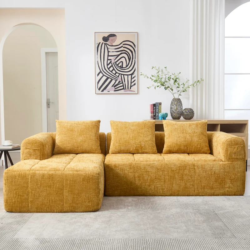 Zepneiy Canapé 3 Places en Forme de U, Fauteuil rembourré avec Méridienne, Canapé 3 Places Canapé Moderne Design accoudoirs et 3 Coussins, Chenille Jaune