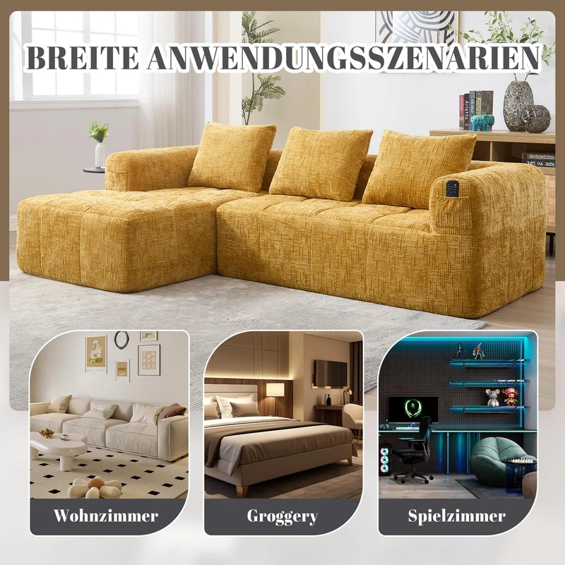 Zepneiy Canapé 3 Places en Forme de U, Fauteuil rembourré avec Méridienne, Canapé 3 Places Canapé Moderne Design accoudoirs et 3 Coussins, Chenille Jaune