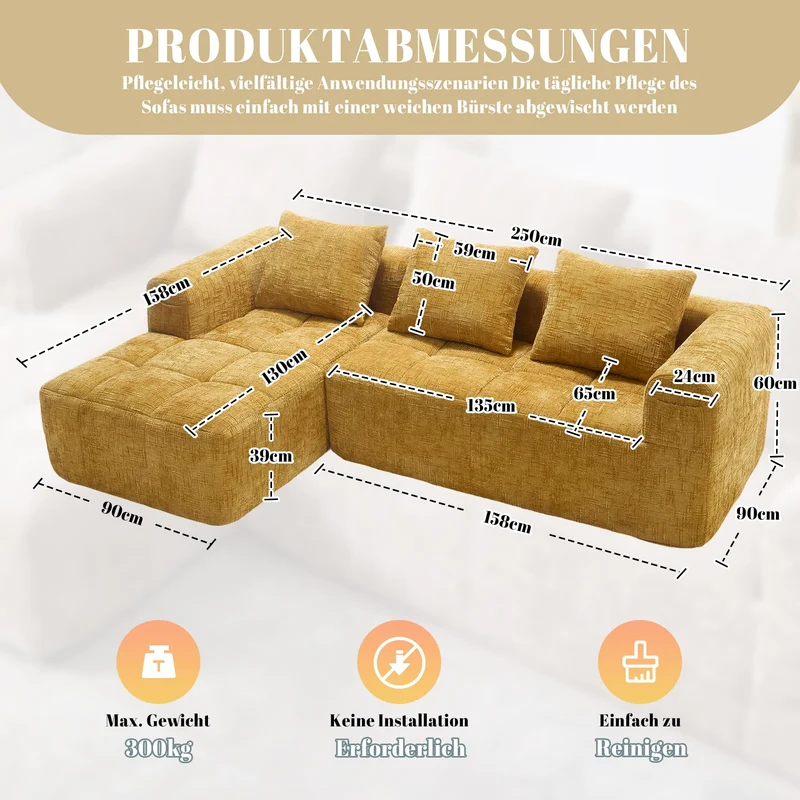 Zepneiy Canapé 3 Places en Forme de U, Fauteuil rembourré avec Méridienne, Canapé 3 Places Canapé Moderne Design accoudoirs et 3 Coussins, Chenille Jaune