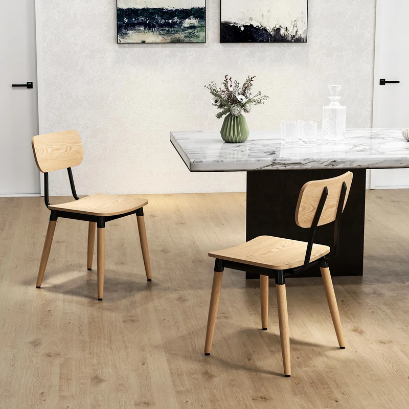 HOMCOM Lot de 2 chaises de Salle à Manger chaises de Cuisine Modernes avec Pieds en Acier et Dossier incurvé pour Salle à Manger, Chambre, Salon, Effet Bois Naturel