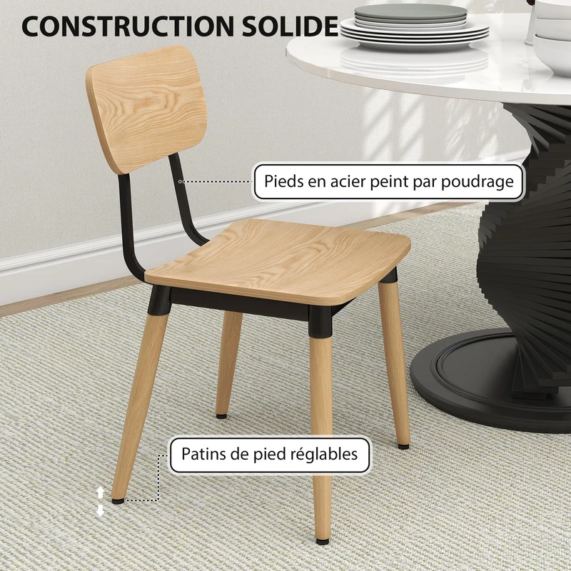 HOMCOM Lot de 2 chaises de Salle à Manger chaises de Cuisine Modernes avec Pieds en Acier et Dossier incurvé pour Salle à Manger, Chambre, Salon, Effet Bois Naturel