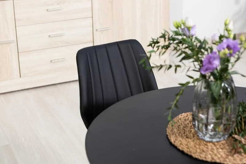 Table ronde tulipe d'intérieur diamètre 90 cm, 4 personnes cuisine/salle à manger/bureau style classique moderne avec dessus MDF effet bois et base en métal verni mat Orlando (Noir)
