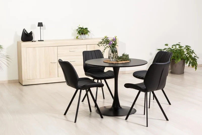 Table ronde tulipe d'intérieur diamètre 90 cm, 4 personnes cuisine/salle à manger/bureau style classique moderne avec dessus MDF effet bois et base en métal verni mat Orlando (Noir)