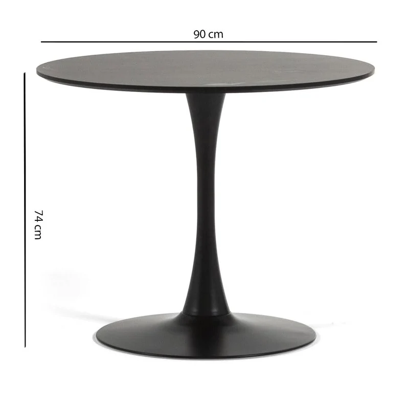 Table ronde tulipe d'intérieur diamètre 90 cm, 4 personnes cuisine/salle à manger/bureau style classique moderne avec dessus MDF effet bois et base en métal verni mat Orlando (Noir)