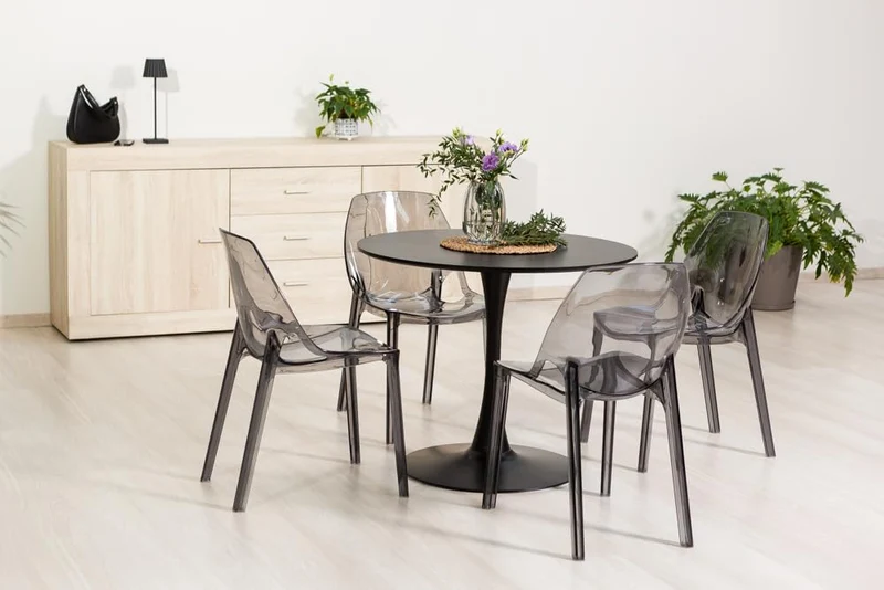 Table ronde tulipe d'intérieur diamètre 90 cm, 4 personnes cuisine/salle à manger/bureau style classique moderne avec dessus MDF effet bois et base en métal verni mat Orlando (Noir)