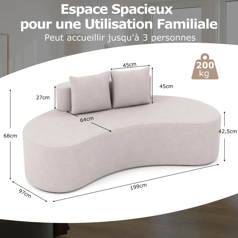 COSTWAY Canapé Compressé 2-3 Places, Canapé Courbé en Forme de Croissant avec 2 Coussins, Dossier Bas & Siège Spacieux en Mousse, Base Antidérapante, Aucun Assemblage, pour Salon, Bureau (Gris)