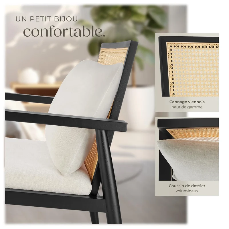 TecTake® Fauteuil Relax Fauteuil Salon Confortable en Bois Massif & Cannage, avec Coussins & Accoudoirs pour Salle à Manger, Salon, Chambre, Chaise Bureau, Allaitement, TV