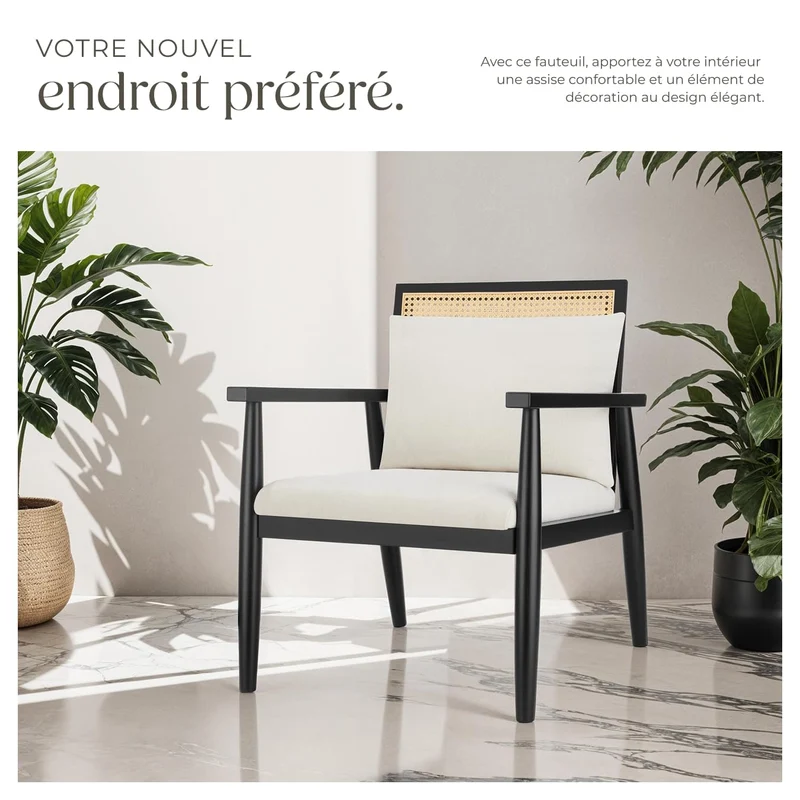 TecTake® Fauteuil Relax Fauteuil Salon Confortable en Bois Massif & Cannage, avec Coussins & Accoudoirs pour Salle à Manger, Salon, Chambre, Chaise Bureau, Allaitement, TV