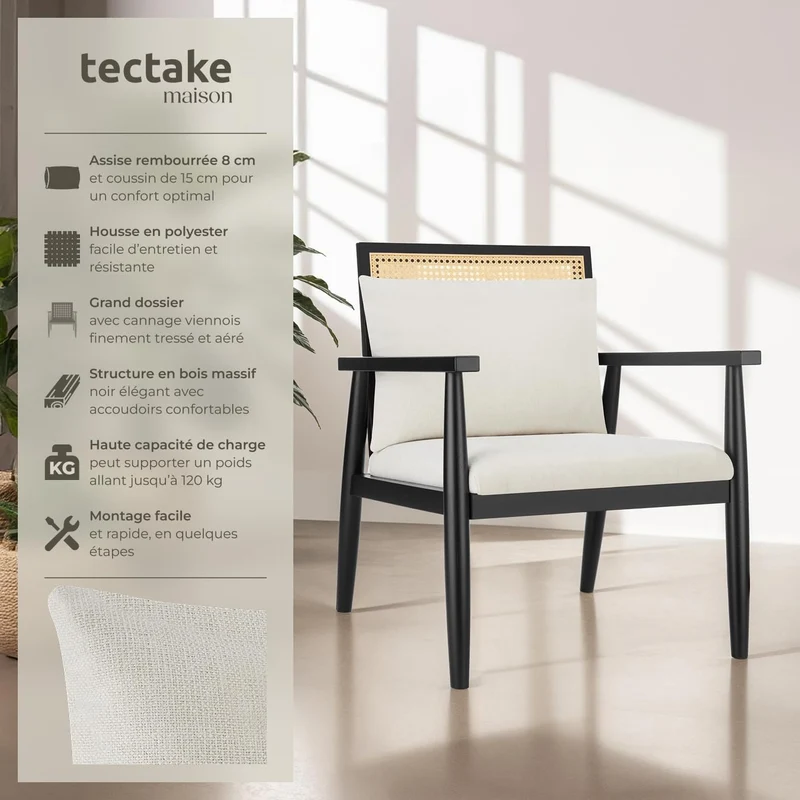 TecTake® Fauteuil Relax Fauteuil Salon Confortable en Bois Massif & Cannage, avec Coussins & Accoudoirs pour Salle à Manger, Salon, Chambre, Chaise Bureau, Allaitement, TV