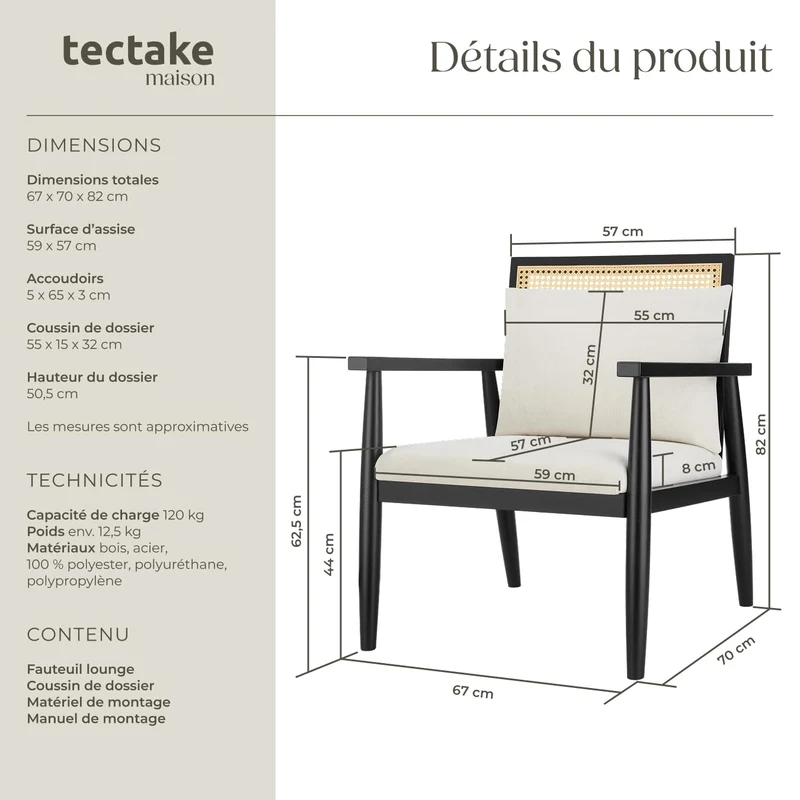 TecTake® Fauteuil Relax Fauteuil Salon Confortable en Bois Massif & Cannage, avec Coussins & Accoudoirs pour Salle à Manger, Salon, Chambre, Chaise Bureau, Allaitement, TV