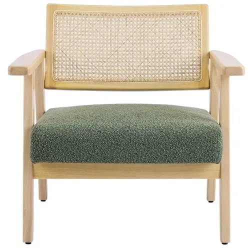 HOMIFAB Fauteuil en Tissu bouclé Vert et cannage Naturel - Tim