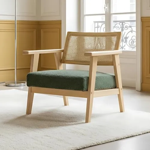 HOMIFAB Fauteuil en Tissu bouclé Vert et cannage Naturel - Tim