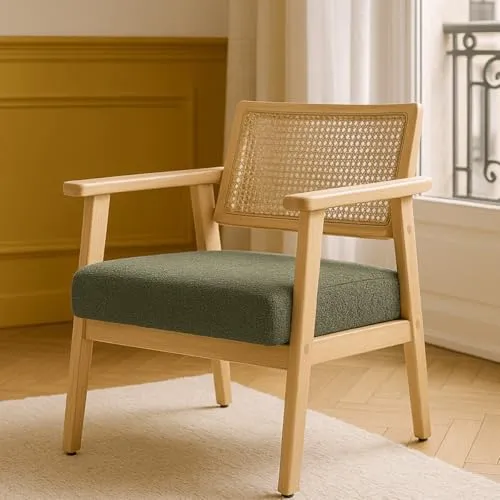 HOMIFAB Fauteuil en Tissu bouclé Vert et cannage Naturel - Tim