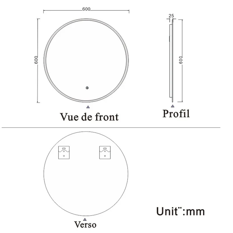 HAPAOSO Miroir de Salle de Bain Rond 60cm Miroir Mural LED + Anti-buée + Tactile + 6000K (lumière Blanche Froide)