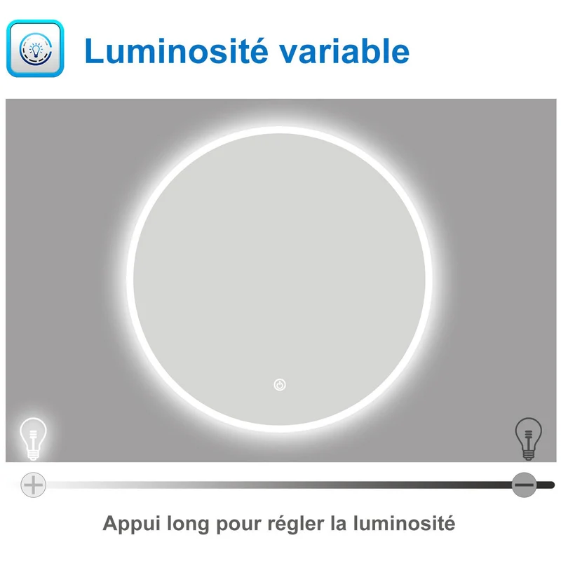 HAPAOSO Miroir de Salle de Bain Rond 60cm Miroir Mural LED + Anti-buée + Tactile + 6000K (lumière Blanche Froide)