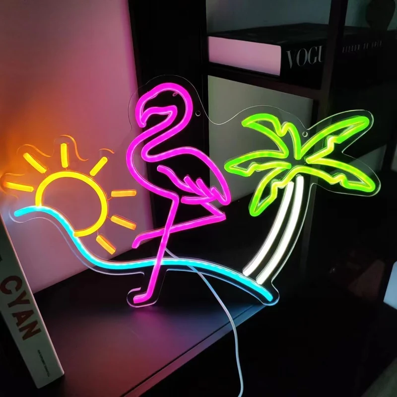 Lampe néon d'été à intensité variable alimentée par USB, en acrylique, flamant rose, palmier vert, décoration artistique pour décoration de plage, chambre de fille, hôtel, plage, piscine, fête (40 x