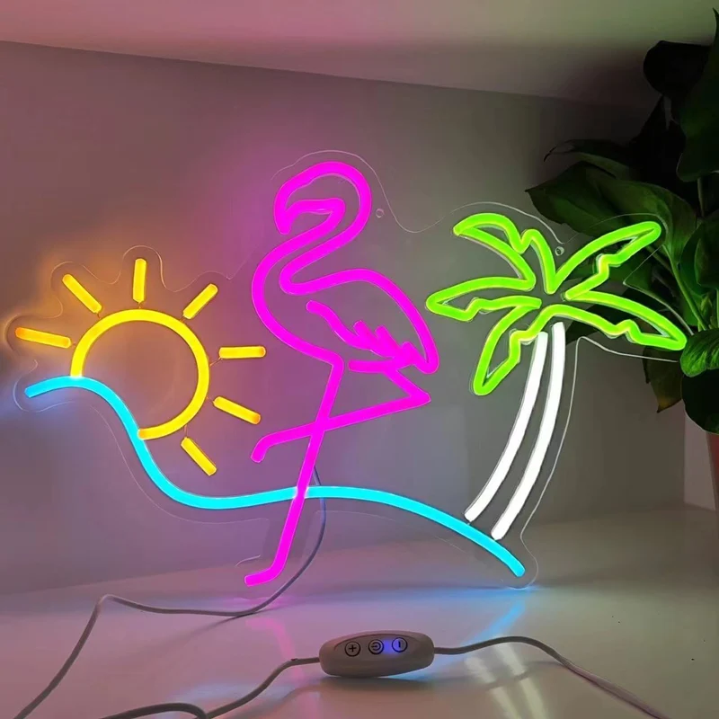 Lampe néon d'été à intensité variable alimentée par USB, en acrylique, flamant rose, palmier vert, décoration artistique pour décoration de plage, chambre de fille, hôtel, plage, piscine, fête (40 x