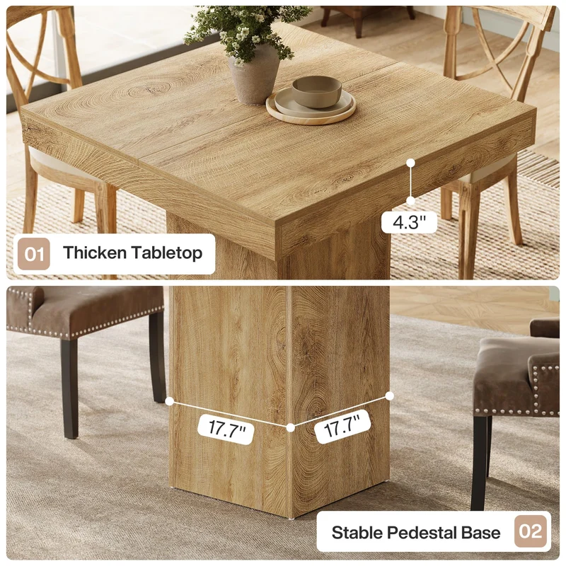 Tribesigns Table à Manger 100 cm, Table de Cuisine Carrée pour 4 Personnes pour Salle à Manger, Cuisine, Salon, Petits Espaces, avec Plateau et Pieds épais (Marron Clair)