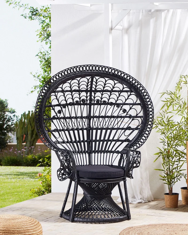 Beliani Fauteuil Style Bohème avec Coussin Assorti en Rotin Noir Emmanuelle