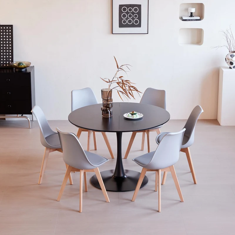 GrandCA HOME Table de Salle à Manger Ronde Moderne Noir de 110 cm avec Piédestal Design Tulipe, Table de Loisirs Mid-Century pour Cuisine, Salle à Manger et Salon