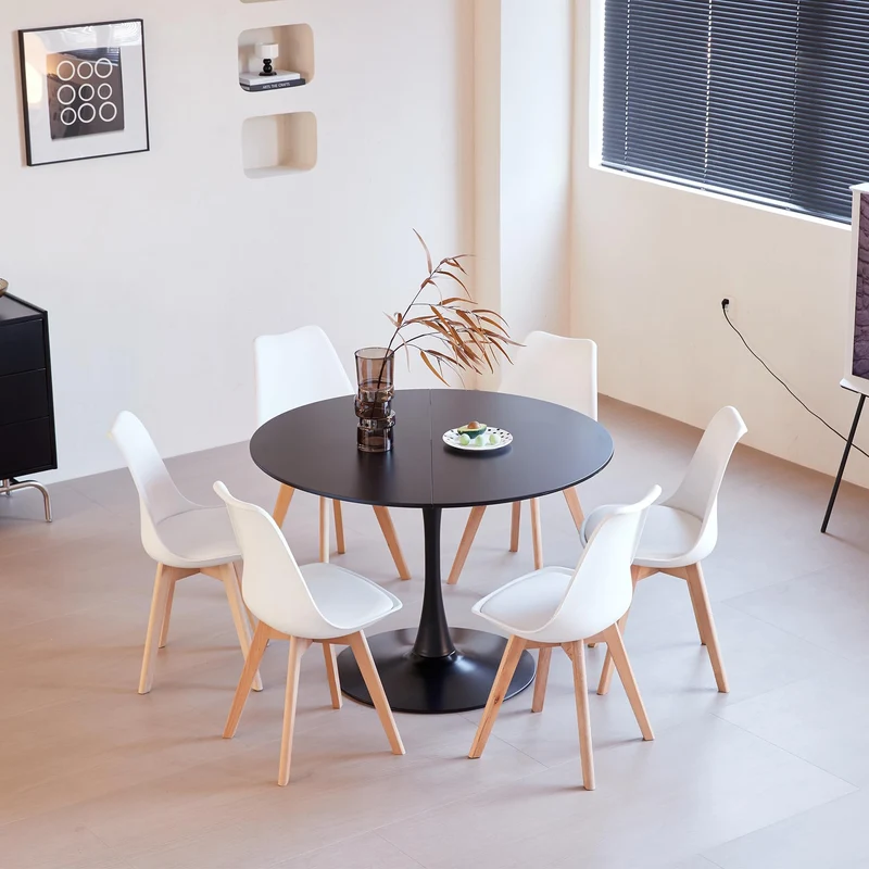 GrandCA HOME Table de Salle à Manger Ronde Moderne Noir de 110 cm avec Piédestal Design Tulipe, Table de Loisirs Mid-Century pour Cuisine, Salle à Manger et Salon