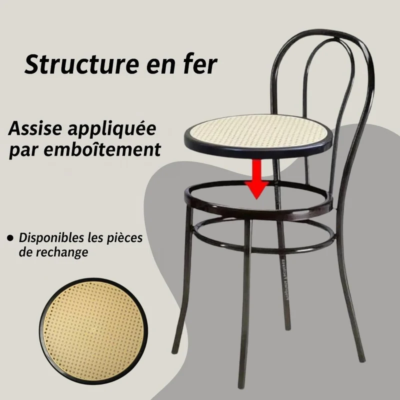 Tomaino - Chaise de cuisine en fer avec assise en paille - Ensemble de chaises de salle à manger Vienne (4, noir)