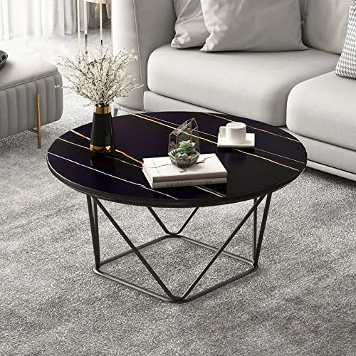 Table Basse Ronde Moderne, Table Centrale de Salon avec Plateau Rond en Pierre frittée et Table de canapé à Cadre en métal Robuste pour Salon, Chambre à Coucher, Salle à Manger, Petit appart