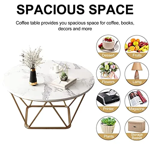 Table Basse Ronde Moderne, Table Centrale de Salon avec Plateau Rond en Pierre frittée et Table de canapé à Cadre en métal Robuste pour Salon, Chambre à Coucher, Salle à Manger, Petit appart