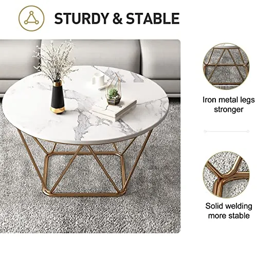 Table Basse Ronde Moderne, Table Centrale de Salon avec Plateau Rond en Pierre frittée et Table de canapé à Cadre en métal Robuste pour Salon, Chambre à Coucher, Salle à Manger, Petit appart