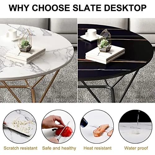 Table Basse Ronde Moderne, Table Centrale de Salon avec Plateau Rond en Pierre frittée et Table de canapé à Cadre en métal Robuste pour Salon, Chambre à Coucher, Salle à Manger, Petit appart
