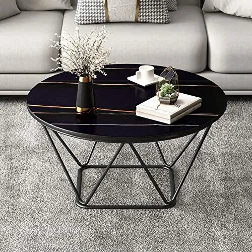 Table Basse Ronde Moderne, Table Centrale de Salon avec Plateau Rond en Pierre frittée et Table de canapé à Cadre en métal Robuste pour Salon, Chambre à Coucher, Salle à Manger, Petit appart