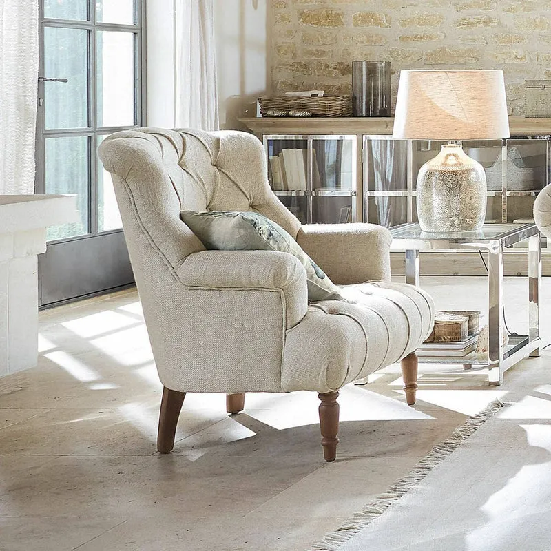 Loberon Fauteuil Parranquet, Caractéristique Chesterfield Classique, Pieds Tournés, Design Intemporel, Rembourrage Confortable, Assise, Viscose, Bois de Manguier, Lin