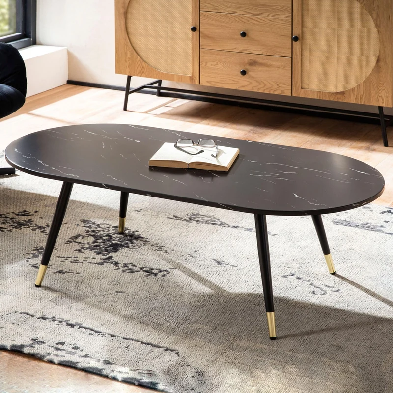 FineBuy Table basse, 120 x 60 x 41,5 cm, aspect marbre, moderne, design moderne, table de salon avec structure en métal, grande table d'appoint pour le salon, noire