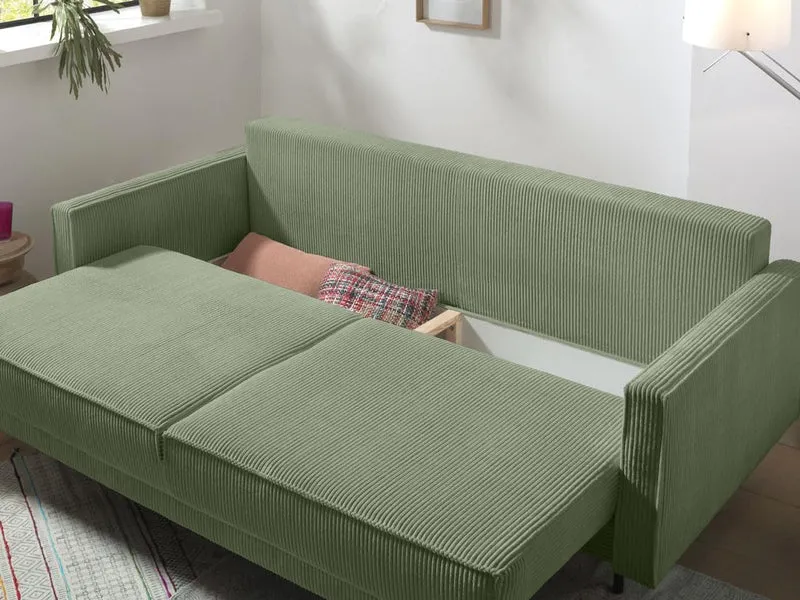 Lisa Design - Canapé Convertible avec Coffre Charlie en Velours Côtelé - Canapé Lit - Sofa Vert Sauge 3 Places - Salon