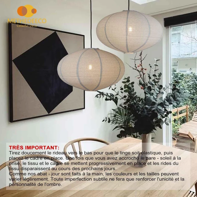 METHEDEECO Ensemble de 2 abat-jours en lin bohème, abat-jours suspendus faits à la main, diamètre 50 cm, ovale, abat-jour minimaliste en tissu pour salon, chambre, couloir et salle à manger