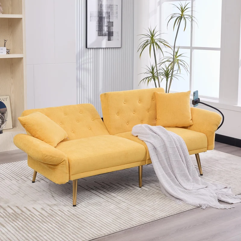 OKMYHOME Canapé 2 Places Moderne en Chenille avec Ports USB Poches Latérales et Porte-Téléphone - Canapé lit accoudoirs et Dossier réglables - Canape Convertible - Jaune