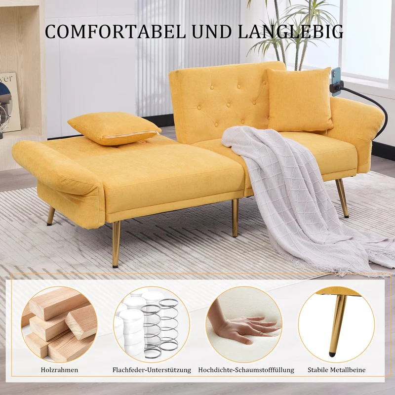 OKMYHOME Canapé 2 Places Moderne en Chenille avec Ports USB Poches Latérales et Porte-Téléphone - Canapé lit accoudoirs et Dossier réglables - Canape Convertible - Jaune
