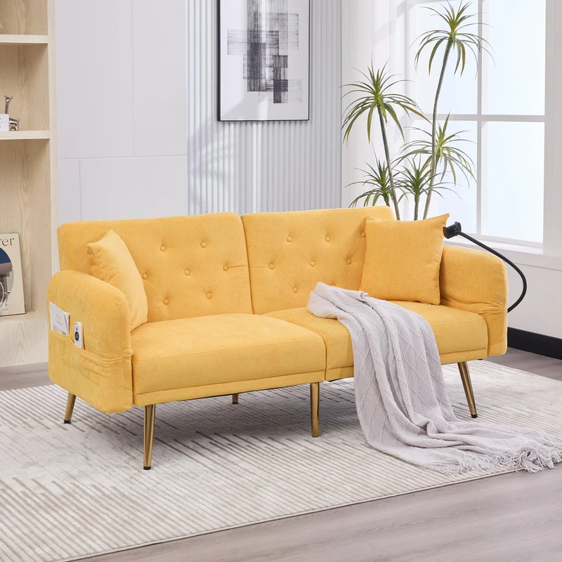 OKMYHOME Canapé 2 Places Moderne en Chenille avec Ports USB Poches Latérales et Porte-Téléphone - Canapé lit accoudoirs et Dossier réglables - Canape Convertible - Jaune