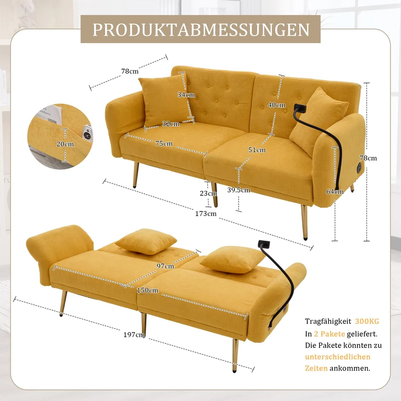 OKMYHOME Canapé 2 Places Moderne en Chenille avec Ports USB Poches Latérales et Porte-Téléphone - Canapé lit accoudoirs et Dossier réglables - Canape Convertible - Jaune