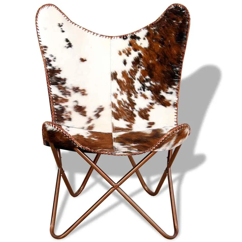 Tonture Fauteuil papillon, marron et blanc, en peau de vache véritable, chaise en cuir vintage, ergonomique, fabriquée à la main, pour salon, chambre à coucher, salon