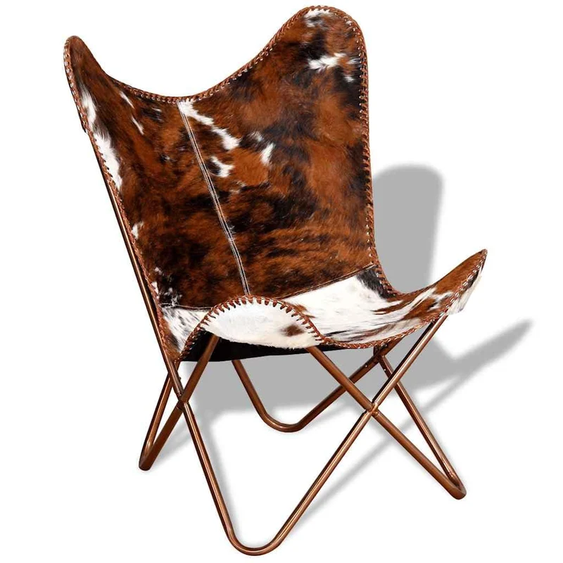 Tonture Fauteuil papillon, marron et blanc, en peau de vache véritable, chaise en cuir vintage, ergonomique, fabriquée à la main, pour salon, chambre à coucher, salon