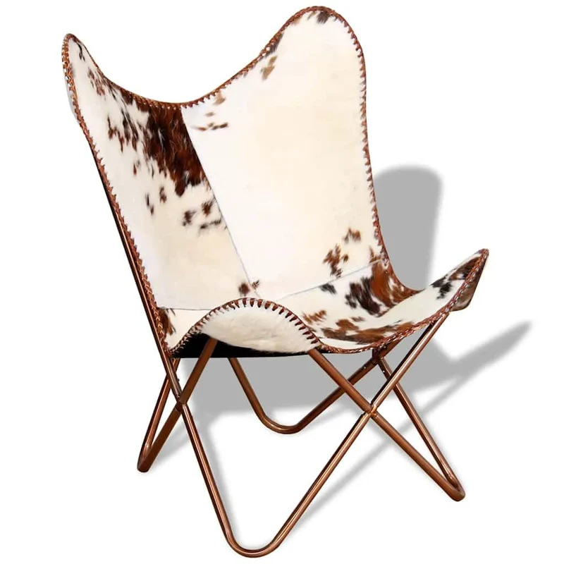 Tonture Fauteuil papillon, marron et blanc, en peau de vache véritable, chaise en cuir vintage, ergonomique, fabriquée à la main, pour salon, chambre à coucher, salon