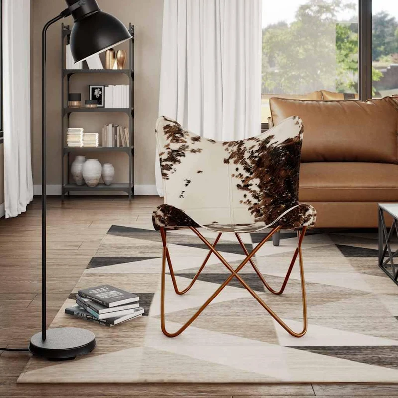 Tonture Fauteuil papillon, marron et blanc, en peau de vache véritable, chaise en cuir vintage, ergonomique, fabriquée à la main, pour salon, chambre à coucher, salon