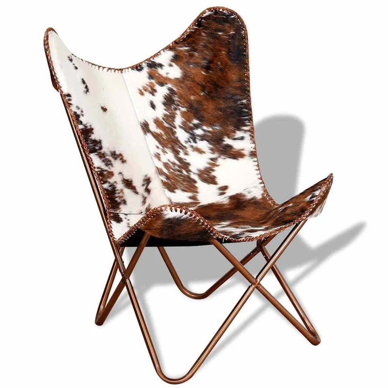 Tonture Fauteuil papillon, marron et blanc, en peau de vache véritable, chaise en cuir vintage, ergonomique, fabriquée à la main, pour salon, chambre à coucher, salon